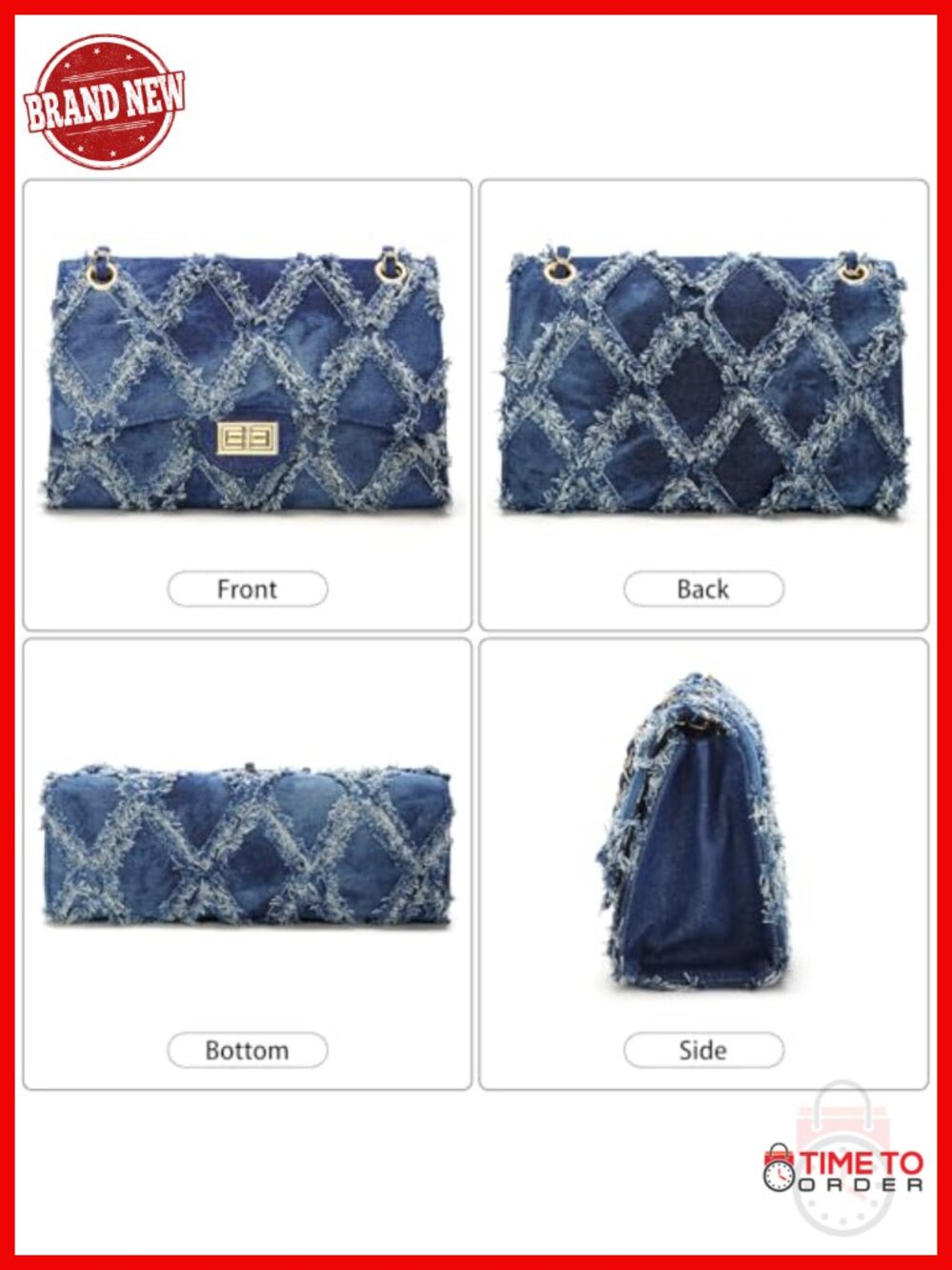 Quilted Denim Crossbody Bag Satchel Shoulder Purse with Chain Strap - Picture 2 of 6